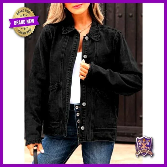 Oversized Denim Jacket Button Down Ruffled Shacket Y2K Retro Chic Casual